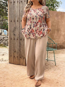 Conjunto Gola Redonda e Calça de Cor Sólida Gabs